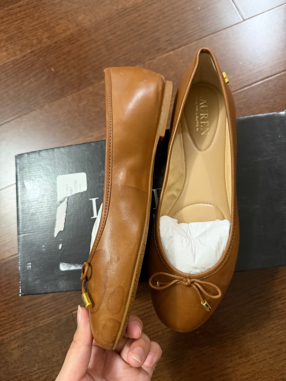 Ralph Lauren Cognac Leather Ballet Flat with Bow - Picture 9 of 12